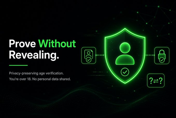 A green-themed graphic advertising privacy-preserving age verification with the headline "Prove Without Revealing," stating "You're over 18. No personal data shared."