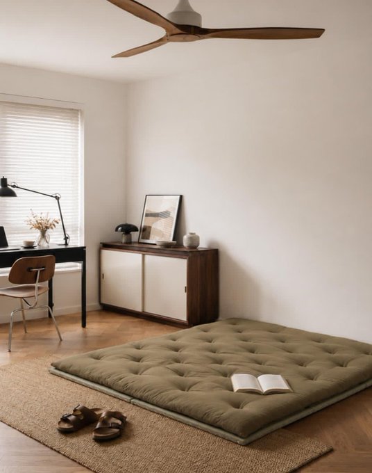 A minimalist bedroom interior features a large olive-green floor cushion on a woven rug, a desk with a chair and lamp, a wooden cabinet with a framed picture, and a modern ceiling fan.