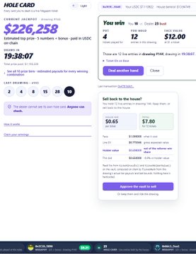 This is a screenshot of a website called "HOLE CARD" showcasing a promotional summer game jam game featuring a $226,258 jackpot and a Blackjack-style interface where each card corresponds to an actual lottery ticket, displaying gameplay options like "Hit," "Stand," and "Deal." The left side lists card values with corresponding lottery prizes, while the right side shows a "Bitcoin Winner" prize pool at $12.00 and ticket purchase options for $0.65 or $7.80, illustrating the degen Blackjack concept where winning hands allow players to keep or sell back their lottery tickets.