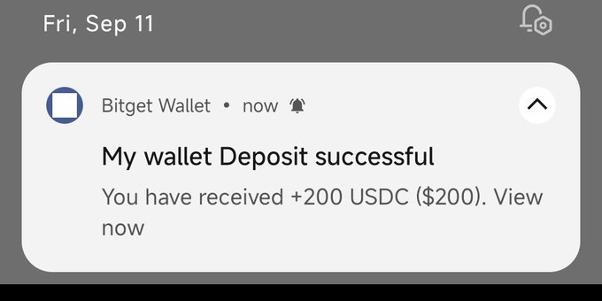 A smartphone notification from 'Bitget Wallet' dated 'Fri, Sep 11' displaying the message 'My wallet Deposit successful' for '+200 USDC ($200).'