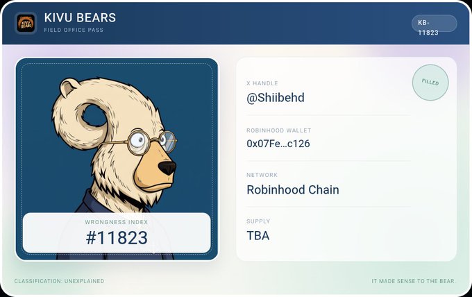 A 'KIVU BEARS FIELD OFFICE PASS' NFT card #11823 featuring a bear in glasses with the handle @Shibehd and Robinhood Chain network details.