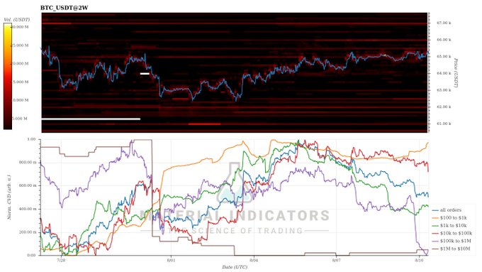 A BTC/USDT 2-week chart displaying a CVD (Cumulative Volume Delta) heatmap on top and whale order distribution data below, segmented by size brackets ($100-$1K through $1M-$10M), showing that purple whales (large holders) have engaged in significant net selling while the price remains relatively stable near $65-67K. The accompanying post correctly interprets this as a bearish divergence, noting that despite BTC's price resilience, Binance whales have been actively selling—a trend that could foreshadow a larger decline if it continues.