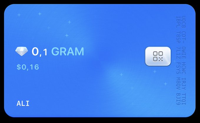 A digital gift card on a blue background showing a diamond icon with '0,1 GRAM' and a value of '$0,16', issued to 'ALI'.