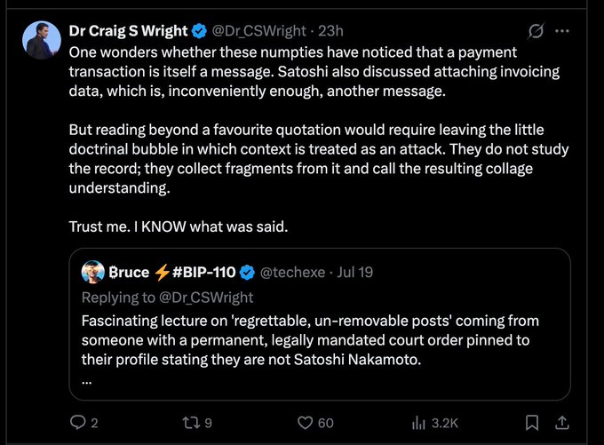 A X/Twitter post by Dr Craig S Wright (@DrCSWright) discussing nChain's payment transaction analysis and Satoshi's invoicing data, quoting a reply from Bruce (@techexe) about #BIP-110 that has 3.2K views and 60 likes.