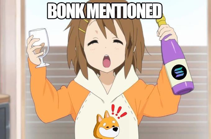 An anime-style woman in an orange hoodie holds a wine glass and a purple bottle beneath the bold text “BONK MENTIONED.” The image serves as a playful visual for a post explaining how the BONK ecosystem and its community activity connect to the $BONK memecoin on Solana.