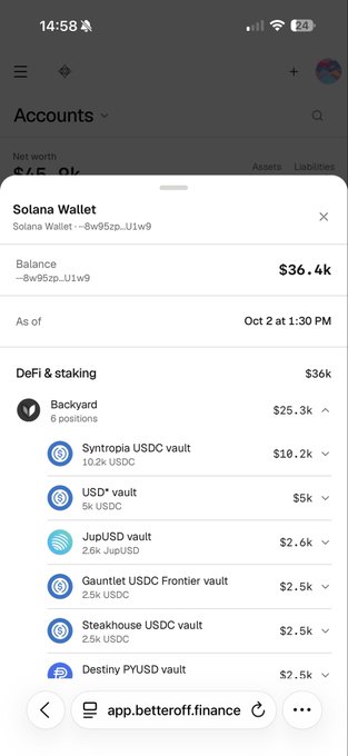 A mobile screenshot of a crypto wallet interface showing a Solana Wallet with a $36.4k balance and DeFi positions including Backyard ($25.3k), Syntroip USDC vault ($10.2k), and USD* vault ($5k).