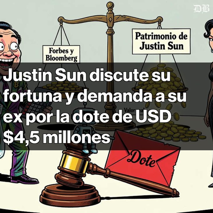 A Spanish-language news graphic from DB features a cartoon scale weighing 'Forbes y Bloomberg' against 'Patrimonio de Justin Sun', with text stating 'Justin Sun discute su fortuna y demanda a su ex por la dote de USD $4,5 millones' next to a gavel and envelope labeled 'Dote'.