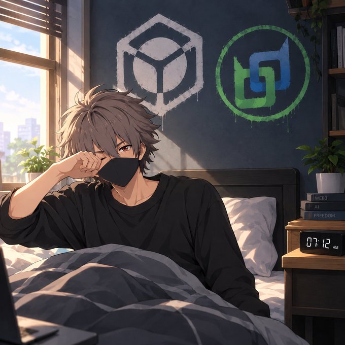 An anime-style illustration of a boy with messy hair wearing a black mask and shirt, lying in bed with a digital clock reading 07:12 AM; behind him are two graffiti-style logos resembling cryptocurrency symbols.