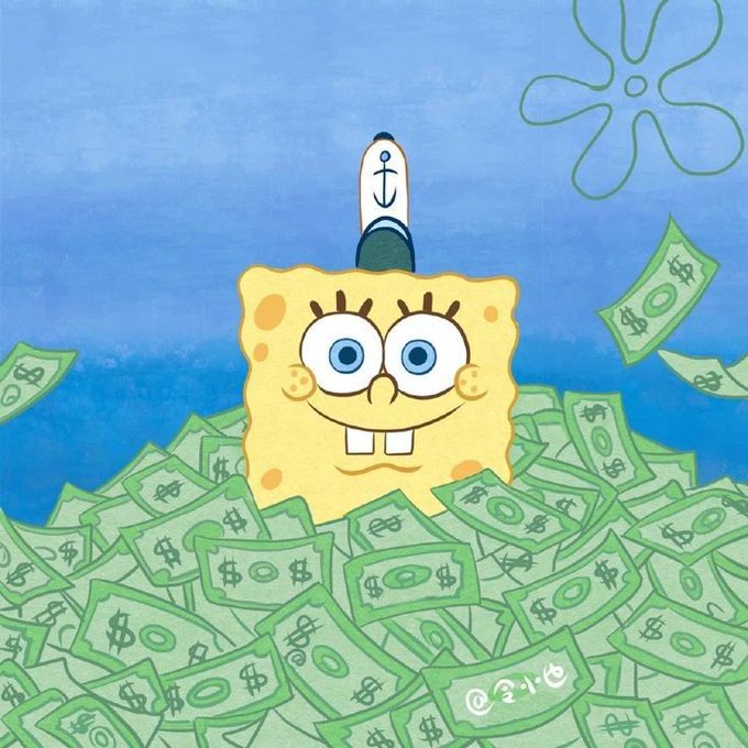 SpongeBob SquarePants wearing his Krusty Krab hat is buried under a massive pile of green dollar bills underwater.