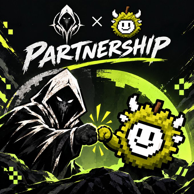 A "PARTNERSHIP" graphic featuring two characters, one in a black hooded cloak and one pixel-art character with an apple head, fist-bumping against a green background.