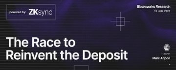 A dark blue slide deck cover reads "The Race to Reinvent the Deposit" with "powered by: ZKsync" in the top left and "Blockworks Research, Marc Arjoon" branding.