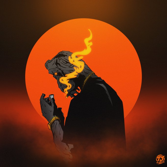 A stylized digital illustration of a smoking character with glowing yellow-orange eyes and a gold chain, holding a lighter, silhouetted against a large red sun on a smoky dark background, signed 'JC' with 'COLLIDE' below.