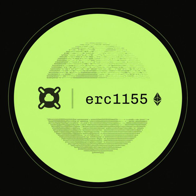 The image features a green circular graphic displaying the "erc1155" label alongside its multi-token icon and the Ethereum logo, visually representing the Ethereum token standard highlighted in the post as a flexible infrastructure layer enabling PinLink to represent thousands of diverse real-world assets onchain.