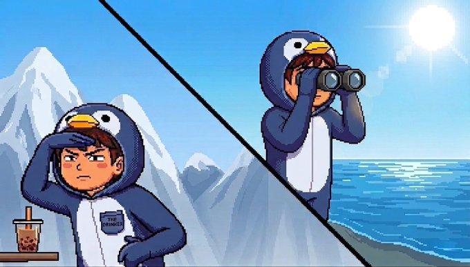 A cartoon image is split diagonally, showing a character in a penguin hoodie looking annoyed in a mountainous setting on the left, and looking through binoculars at an ocean scene on the right.