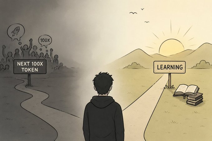 A black-and-white illustration of a person standing at a fork in the road, with the left path leading to a 'NEXT 100X TOKEN' sign with a rocket and cheering crowd, and the right path leading to a 'LEARNING' sign with books and a sunrise.