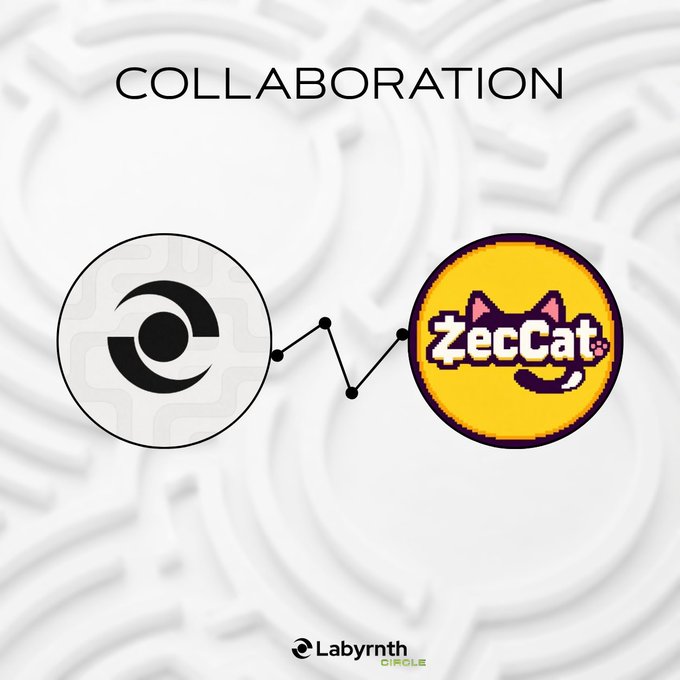 The image is a collaboration announcement graphic featuring the text "COLLABORATION" at the top, with two logos side by side connected by a line graph design: the Labyrinth Circle logo (a stylized black and white "C" in a circle) on the left and the Zeccat logo (a pixel-art cat design in yellow and purple) on the right, visually representing the partnership announced in the post.