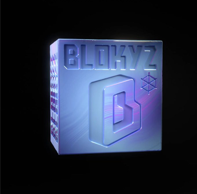 A sleek, futuristic 3D-rendered cube with iridescent purple and blue metallic surfaces displays the text "BLOKYZ" and a stylized "B" logo, representing the OriginalBlokyz "Far Future Box" NFT that just sold for 1.55 ETH.