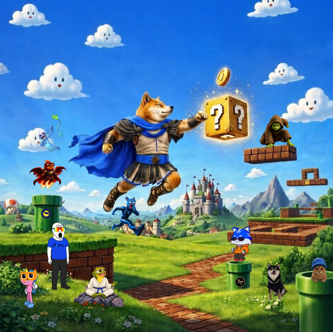 The image shows a Shiba Inu dressed as a gladiator hero punching a glowing golden "?" block with a coin popping out, set in a vibrant Super Mario-style world with mushrooms, pipes, castles, and various cartoon characters scattered throughout the landscape, visually capturing the "hit the secret block" moment referenced in the post.