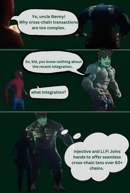 A three-panel Spider-Man meme featuring Spider-Man and Hulk discussing how Injective and Li.Fi have integrated to offer seamless cross-chain transactions over 60+ chains.