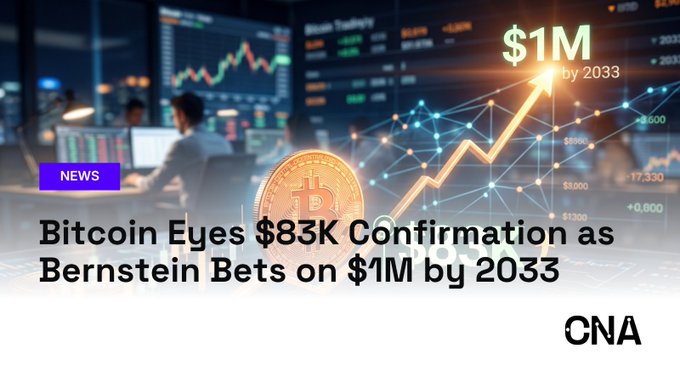 News graphic from CNA titled 'Bitcoin Eyes $83K Confirmation as Bernstein Bets on $1M by 2033' featuring a Bitcoin coin and upward trending chart.