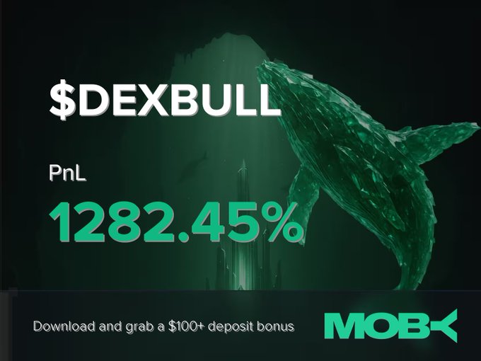 A promotional graphic for '$DEXBULL' by MOBK showing a PnL of 1282.45% against a green underwater whale background, with text 'Download and grab a $100+ deposit bonus'.