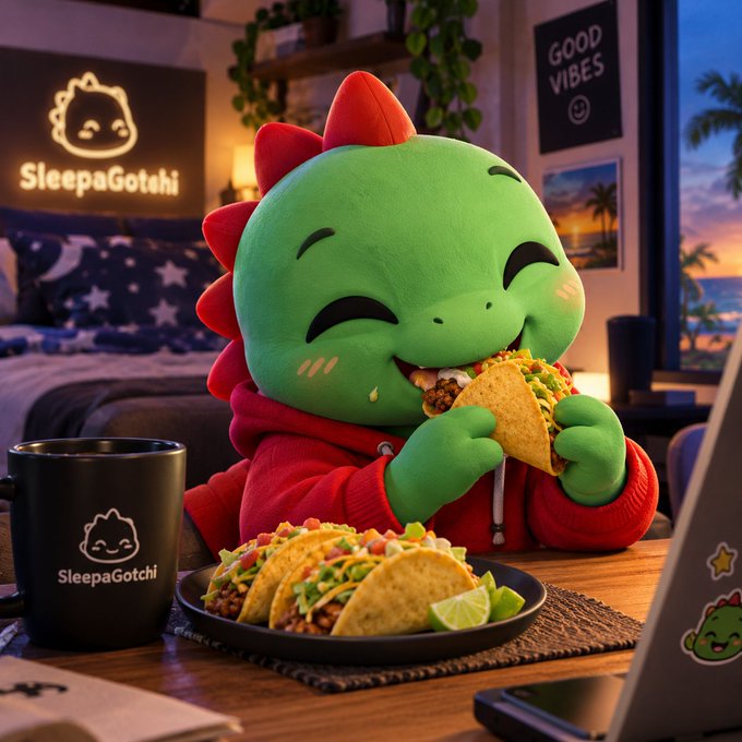 A 3D-rendered illustration of a cute green dinosaur character in a red outfit happily eating a taco, with a plate of tacos, a black mug labeled 'SleepaGotchi', and a 'GOOD VIBES' sign visible in the cozy bedroom setting.