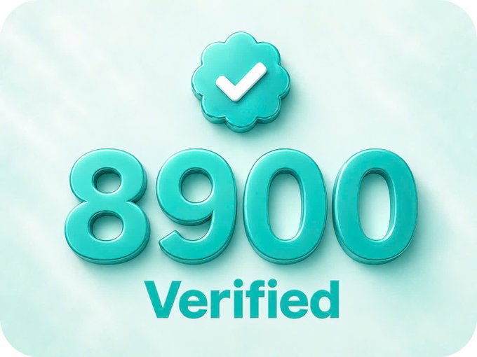 A teal-themed graphic displaying the number '8900' with a verified checkmark badge above it and the word 'Verified' below.