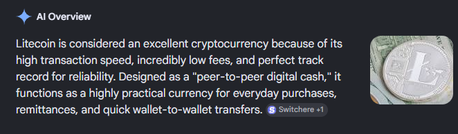 An AI Overview snippet praising Litecoin as an 'excellent cryptocurrency' due to its transaction speed, low fees, and reliability, accompanied by an image of a silver Litecoin coin on US currency.