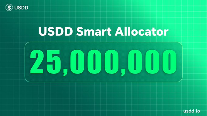 A green graphic displays the text "USDD Smart Allocator" above the number "25,000,000" with a USDD logo and "usdd.io" visible.