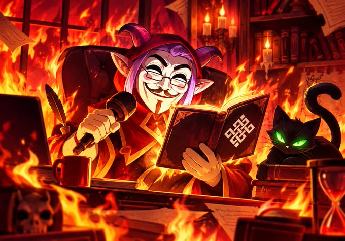 An anime-style illustration of a purple-haired demon character with horns and glasses, holding a book and microphone amid flames, accompanied by a black cat.
