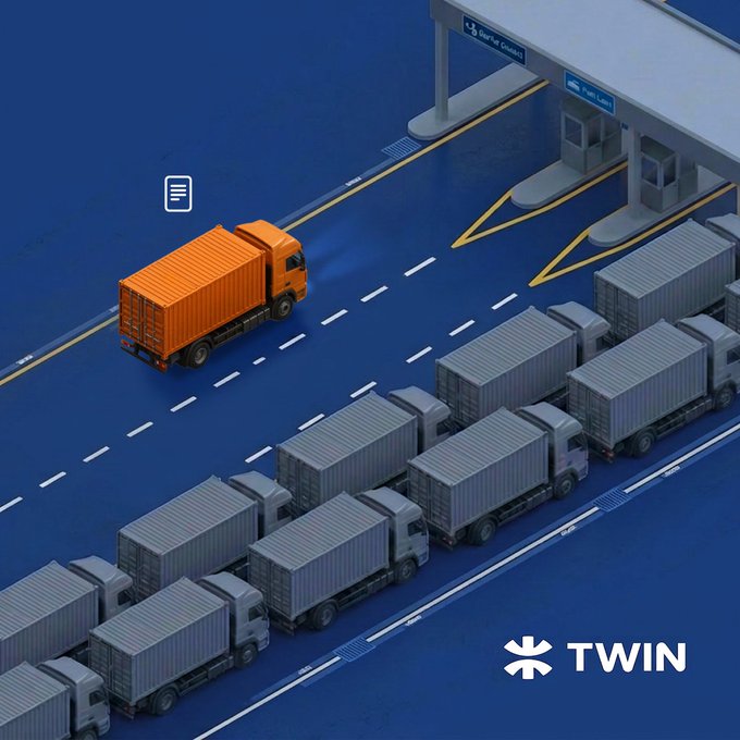 The image shows a large number of trucks parked next to each other, with one orange truck driving down the street. The trucks are arranged in rows, indicating that they might be part of an organized event or transportation hub. The text "twin" is visible on the image and appears to be related to the trucks' arrangement or purpose.