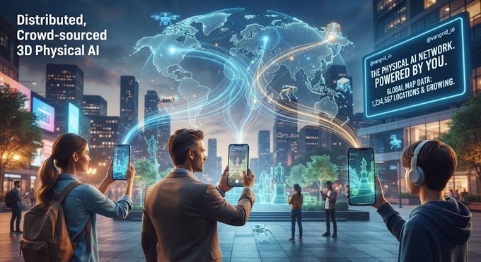A futuristic cityscape illustration showing people using phones to interact with a glowing global network hologram, with text reading 'Distributed, Crowd-sourced 3D Physical AI' and '@vanjad_ai THE PHYSICAL AI NETWORK. POWERED BY YOU. GLOBAL MAP DATA: 1,234,567 LOCATIONS & GROWING.'