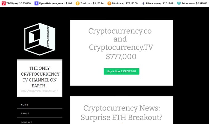 A screenshot of the Cryptocurrency.co and Cryptocurrency.TV website advertising a $777,000 TV channel on Earth, with crypto ticker prices at the top showing TRON ($0.338420), Helios ($1.03), Zcash ($1,163.26), Bitcoin ($77,175.00), Ethereum ($2,513.07), and Tether ($0.999842).