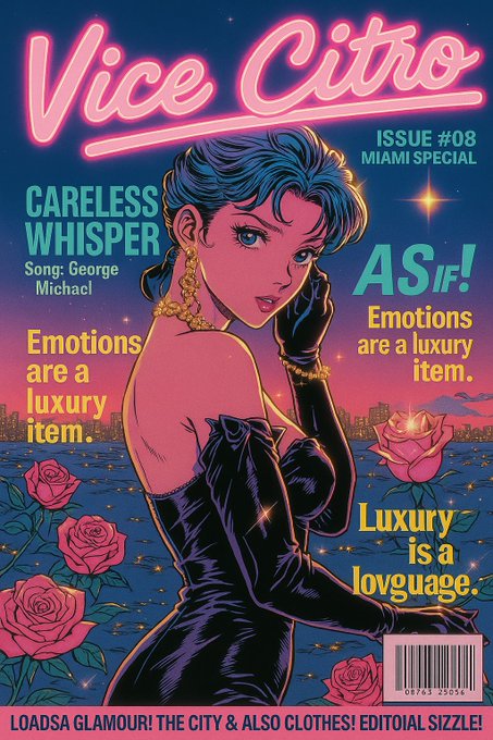 A magazine cover illustration titled 'Vice Citro' featuring a woman in a black dress with gold jewelry against a Miami sunset backdrop, with text including 'ISSUE #08 MIAMI SPECIAL', 'CARELESS WHISPER', 'AS IF!', 'Emotions are a luxury item', and 'Luxury is a lowguage.'