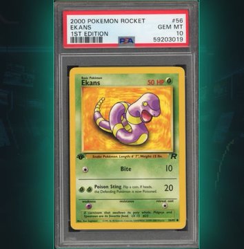 A PSA-graded 2000 Pokemon Rocket 1st Edition Ekans card (#58), Gem Mint 10 condition with certification number 59203019.