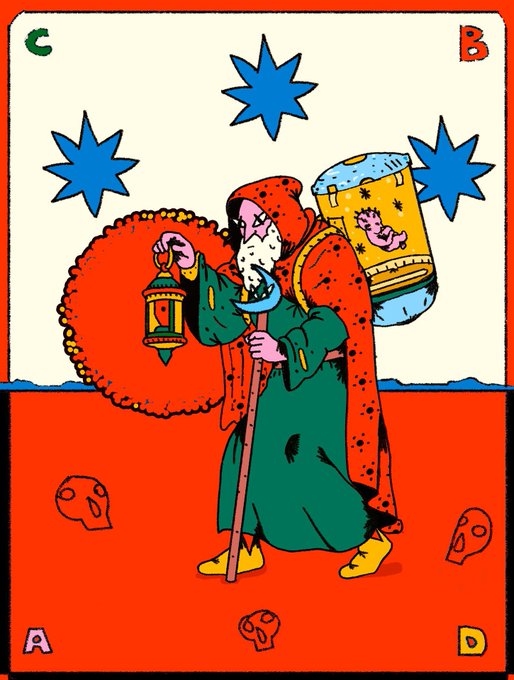 An illustration of a robed figure carrying a lantern and staff with a barrel on their back, marked with letters A, B, C, and D in the corners.