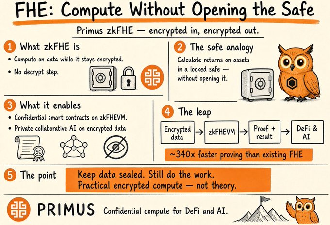 An infographic titled 'FHE: Compute Without Opening the Safe' explains Primus zkFHE technology, comparing it to calculating returns on assets in a locked safe, with sections covering 'What zkFHE is', 'What it enables', 'The leap' (showing ~340x faster proving), and 'The point' about practical encrypted compute.