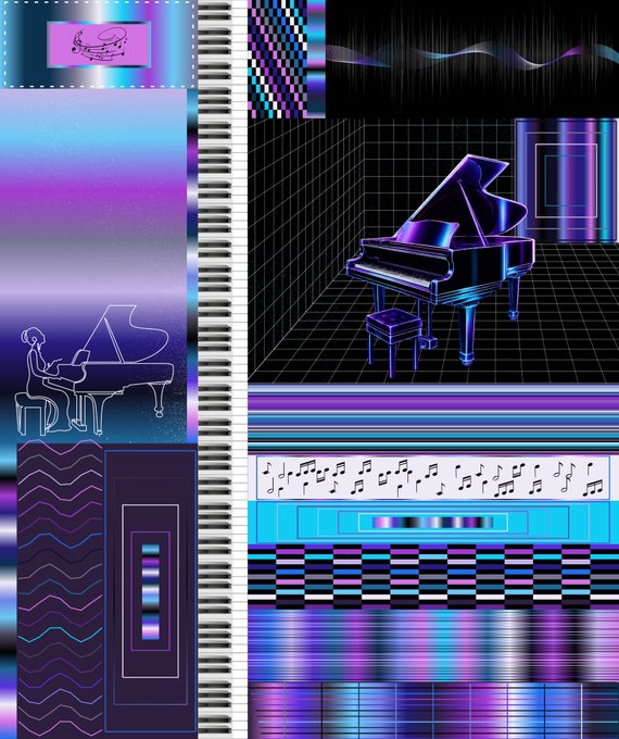 A vibrant vaporwave-style digital collage featuring a grand piano, piano keys, musical notes, a piano player silhouette, and various geometric patterns in neon purple and blue.