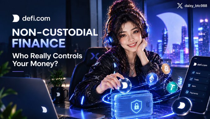 An advertisement for 'defi.com' featuring a smiling woman wearing headphones, promoting 'NON-CUSTODIAL FINANCE' and asking 'Who Really Controls Your Money?' alongside a phone interface.
