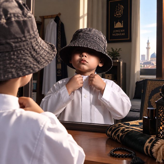 A young boy wearing a bucket hat and white shirt adjusts his collar in front of a mirror, with a 'JUMU'AH MUBARAK' sign and Arabic calligraphy visible on the wall behind him, along with a view of a mosque through the window.