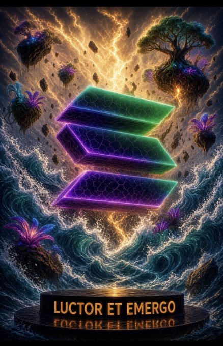 A fantasy digital artwork featuring the glowing Solana logo in neon green and purple against a dramatic background of stormy seas, floating islands with trees, and the Latin phrase 'LUCTOR ET EMERGO' (I struggle and emerge) on a plaque at the bottom.