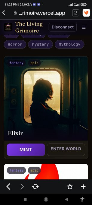 A mobile web browser screenshot of 'rimoire.vercel.app' displaying a dApp called 'The Living Grimoire', featuring a character named 'Elixir' in a train window with 'MINT' and 'ENTER WORLD' buttons.