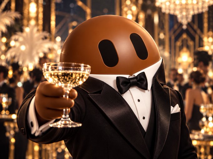A dapper tuxedo-wearing mascot character with a rounded brown head raises a crystal champagne coupe at an opulent, chandelier-lit gala, perfectly capturing the celebratory "Cheers $POODYBOT holders" sentiment in style.