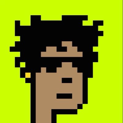 A pixel art portrait of a person with dark curly hair against a bright green background.