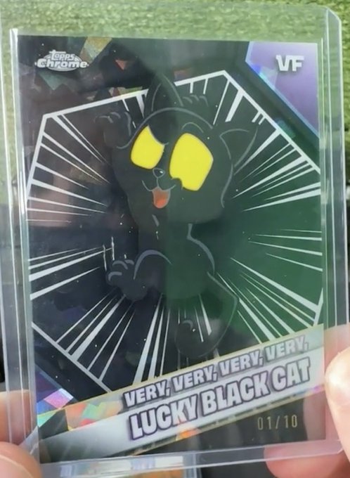 A collectible Topps Chrome VeeFriends card featuring the character "Lucky Black Cat" with a serial number of 01/10.