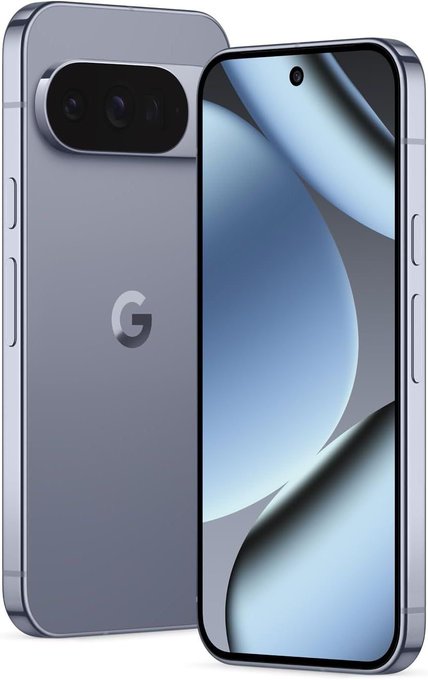 Two Google Pixel smartphones are displayed side by side in a light blue-gray color, showing both the back with the distinctive camera bar and "G" logo, and the front display featuring a hole-punch camera, set against a plain background.