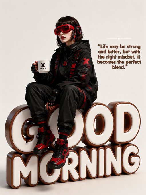 A 3D-rendered female character in black and red streetwear and red goggles sits on large 3D text reading "GOOD MORNING," holding a white mug with an "X" logo, accompanied by the quote, "Life may be strong and bitter, but with the right mindset, it becomes the perfect blend."