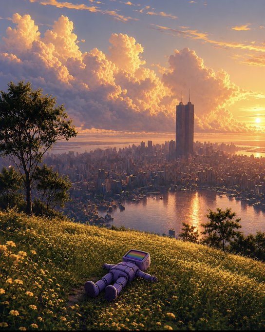 An astronaut with a rainbow visor lies peacefully in a wildflower meadow overlooking a golden-hour city skyline. The serene scene mirrors the post's message of finding tranquility and staying unbothered amidst the bustling NFT community below.