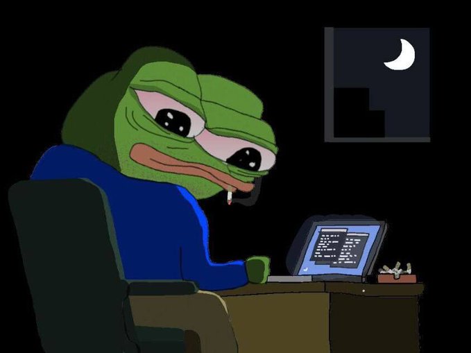 A cartoon image of the 'sad Pepe' frog character wearing a blue shirt, sitting at a desk late at night with a cigarette in his mouth, staring at a laptop displaying lines of code with a crescent moon visible in the window behind him.