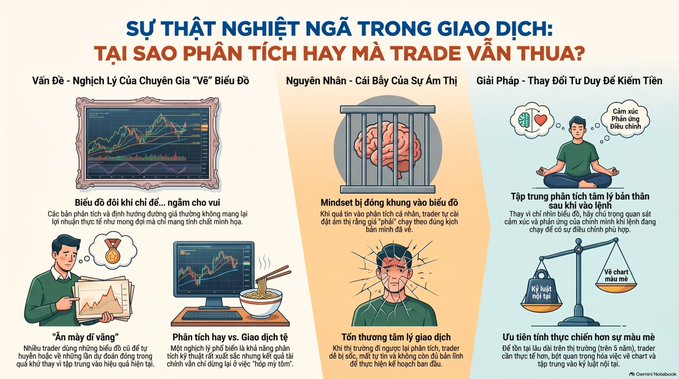 A Vietnamese-language infographic titled "SỰ THẬT NGHIỆT NGÃ TRONG GIAO DỊCH: TẠI SAO PHÂN TÍCH HAY MÀ TRADE VẪN THUA?" explaining psychological reasons traders lose money despite good analysis.